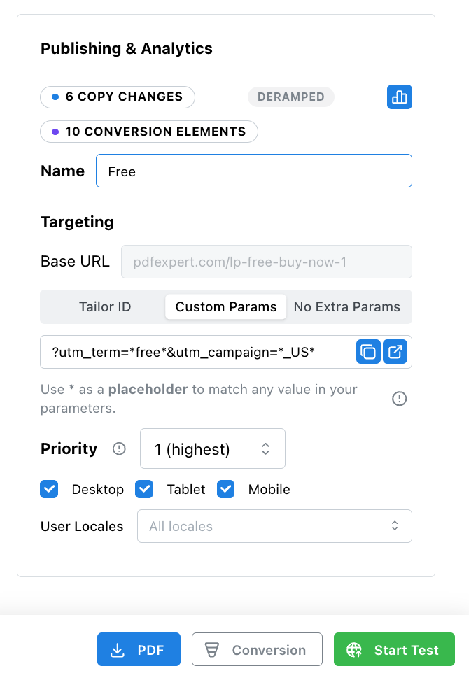 Audience targeting interface showing UTM parameters, device targeting, and user locales