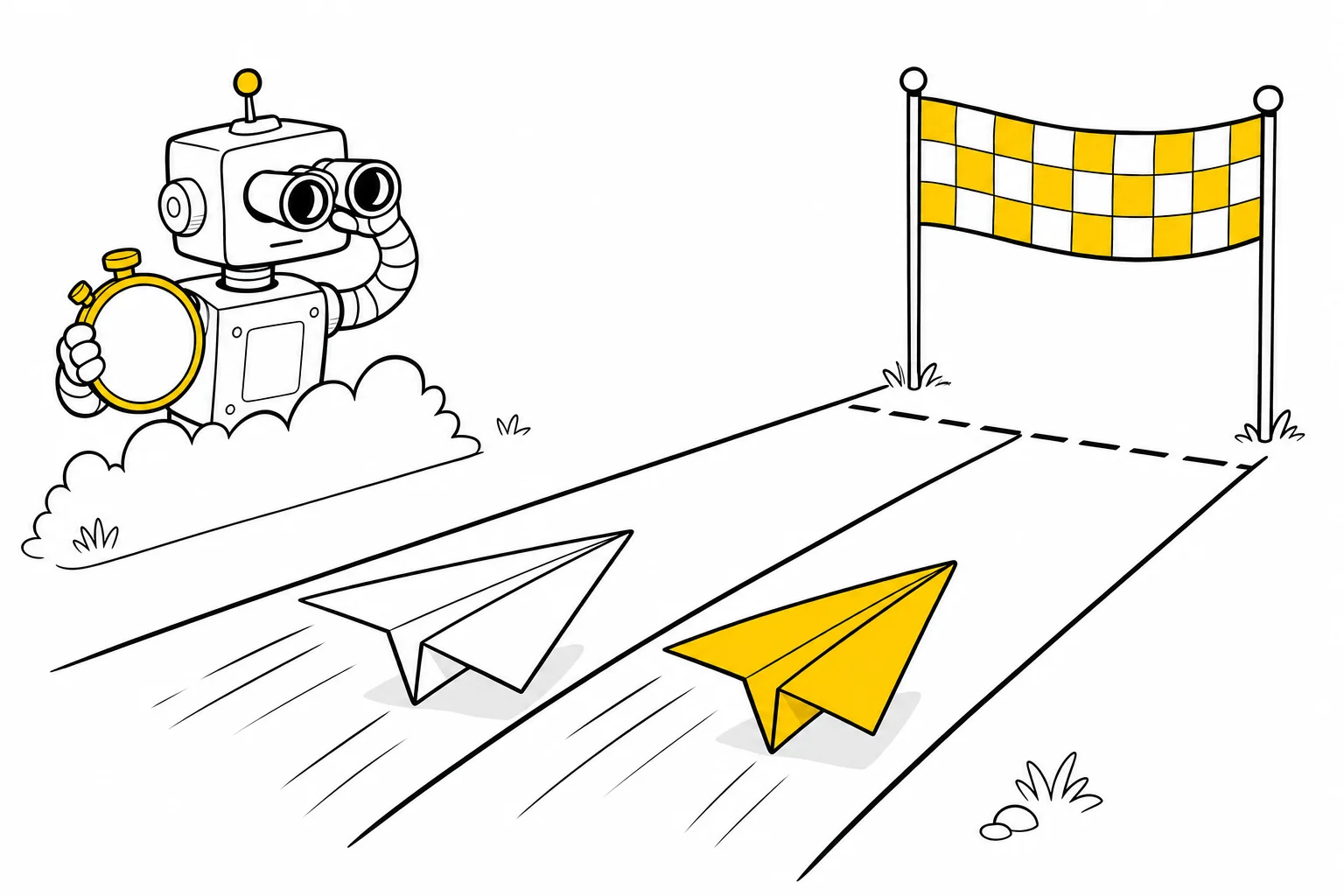 Illustration: two paper airplanes race toward a finish line while a robot judge times them with a stopwatch