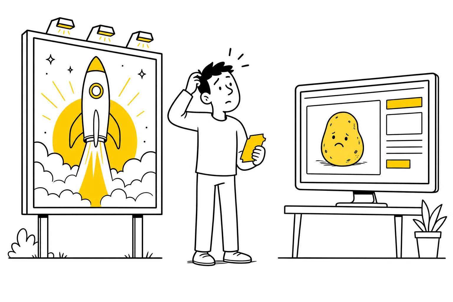 Illustration: a billboard ad promises a rocket launch while the landing page shows a sad potato, and a confused visitor holding a ticket looks between the two