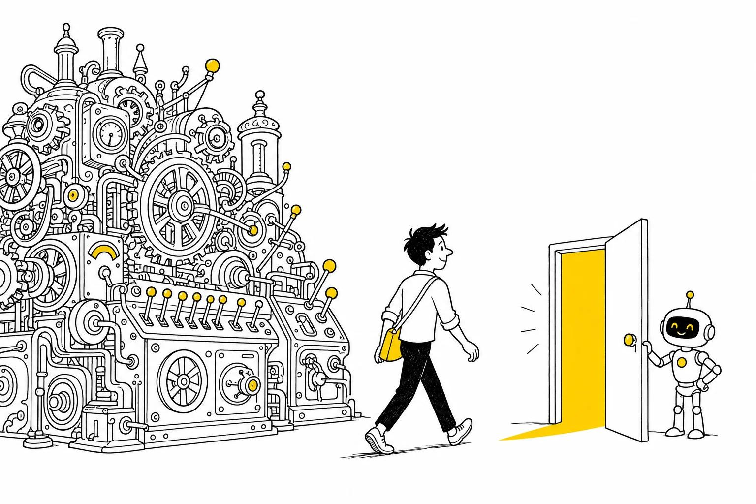Illustration: a marketer walks away from an enormous gear-filled machine toward a robot holding open a simple door