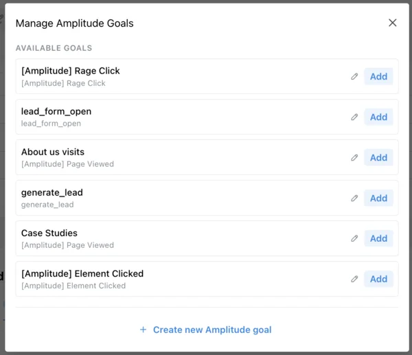 Manage Amplitude Goals showing available goals like Rage Click, lead_form_open, and About us visits with Add buttons
