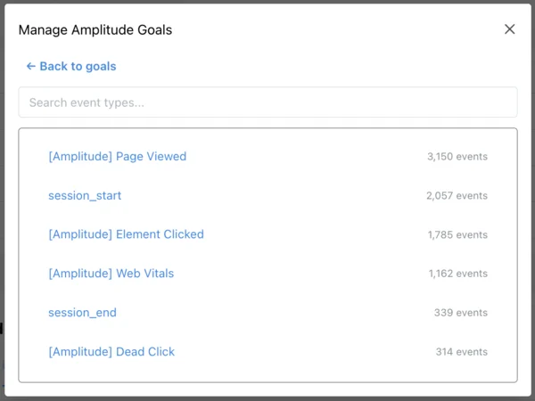 Event type picker showing searchable Amplitude events like Page Viewed, session_start, Element Clicked with event counts