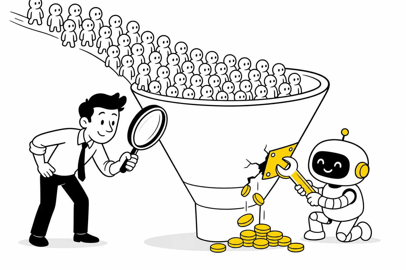 Illustration: a marketer inspects a leaky conversion funnel with a magnifying glass while a small robot patches the crack with a wrench