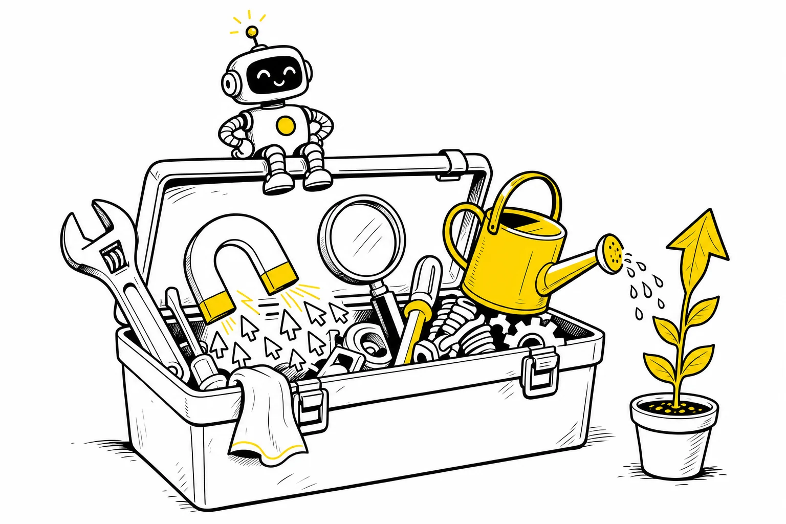Illustration: a toolbox of odd conversion tools, including a magnet attracting cursors and a watering can growing an upward arrow, with a robot sitting on the handle