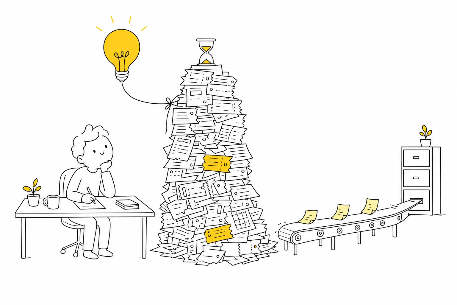Illustration: a marketer's idea lightbulb tied by a string to a towering pile of tickets with an hourglass on top