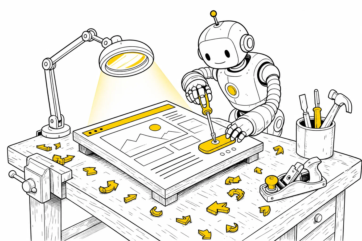 Illustration: a robot craftsman tunes a webpage on a workbench under a magnifying lamp