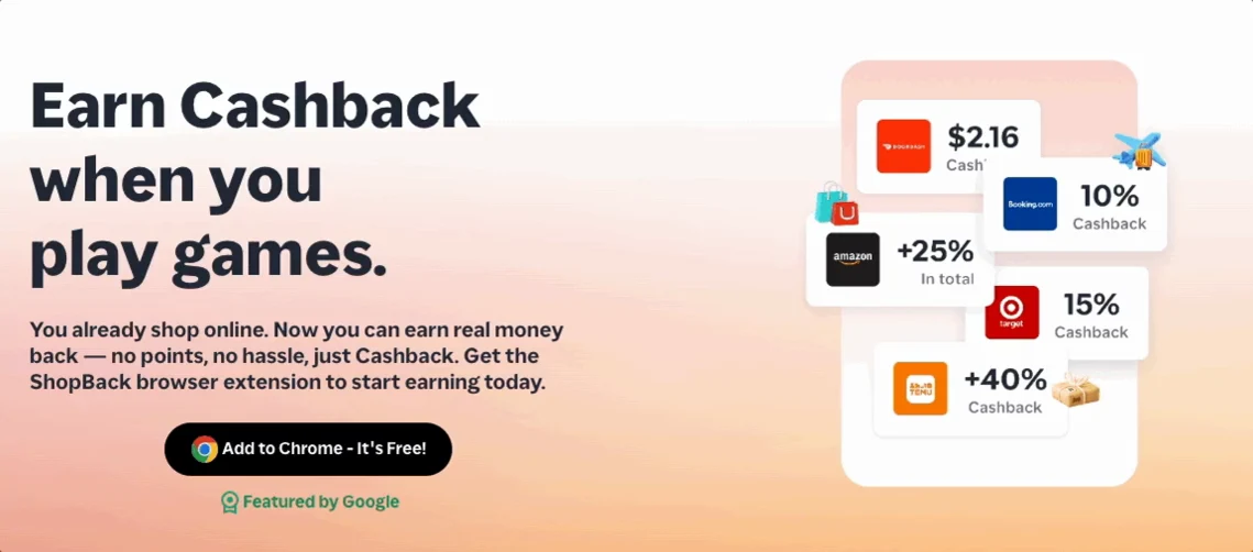 The same homepage after Tailor: two left-aligned columns with product imagery, headline reading Earn Cashback when you play games.