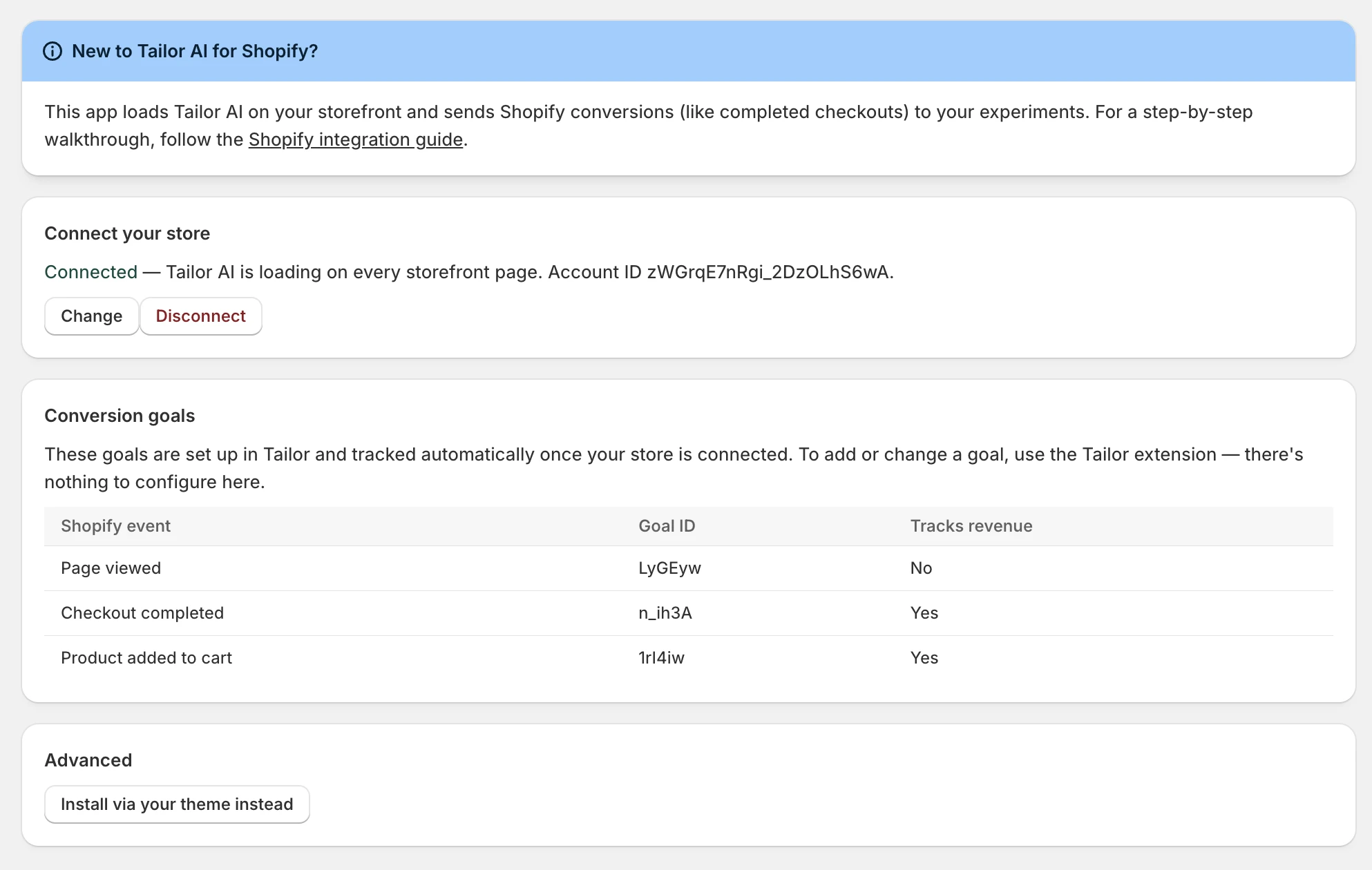 The Tailor AI app in Shopify Admin showing the store Connected and the read-only Conversion goals table listing goals with their Shopify event, Goal ID, and revenue tracking