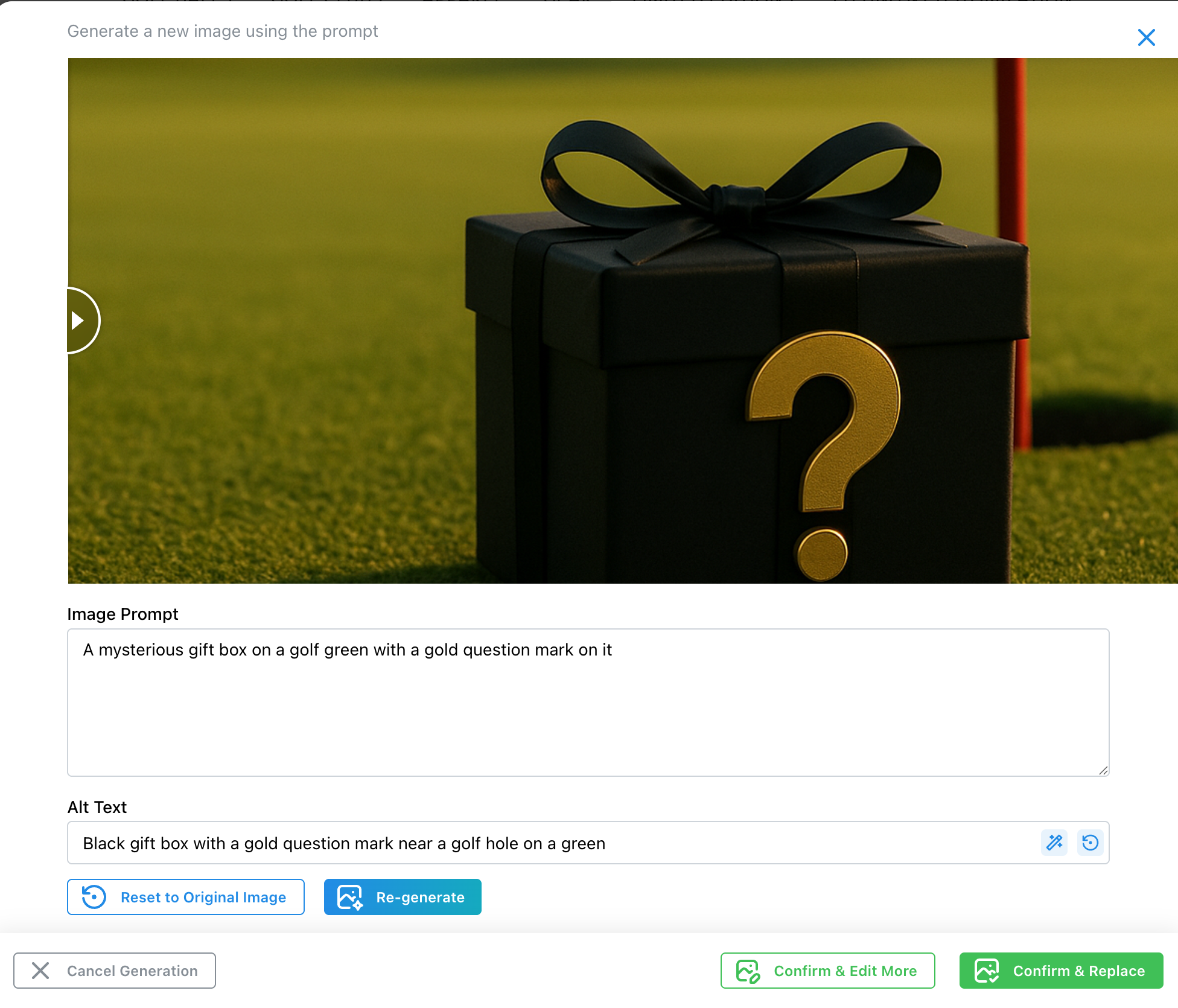 AI image generation interface showing auto-generated alt text for a black gift box with gold question mark