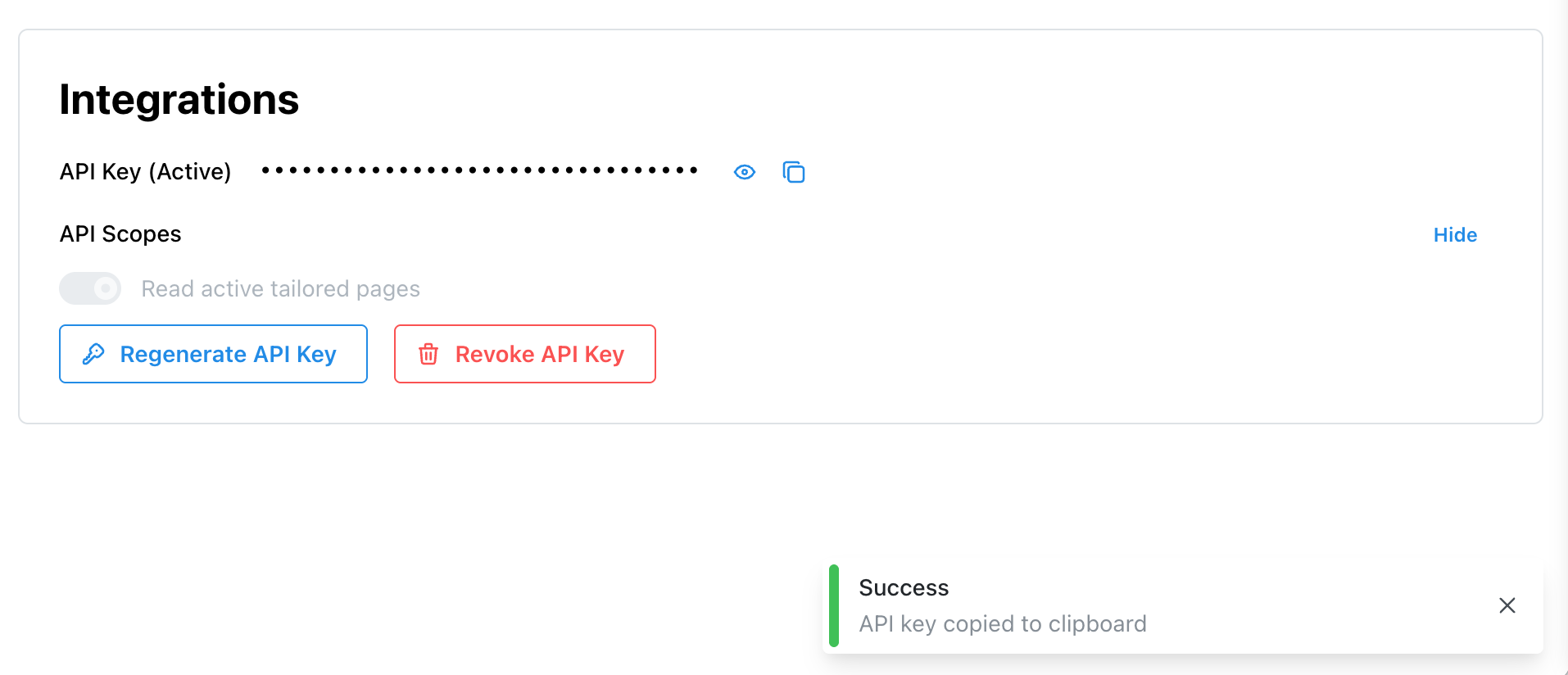 Tailor AI integrations page showing active API key with copy button and API scopes