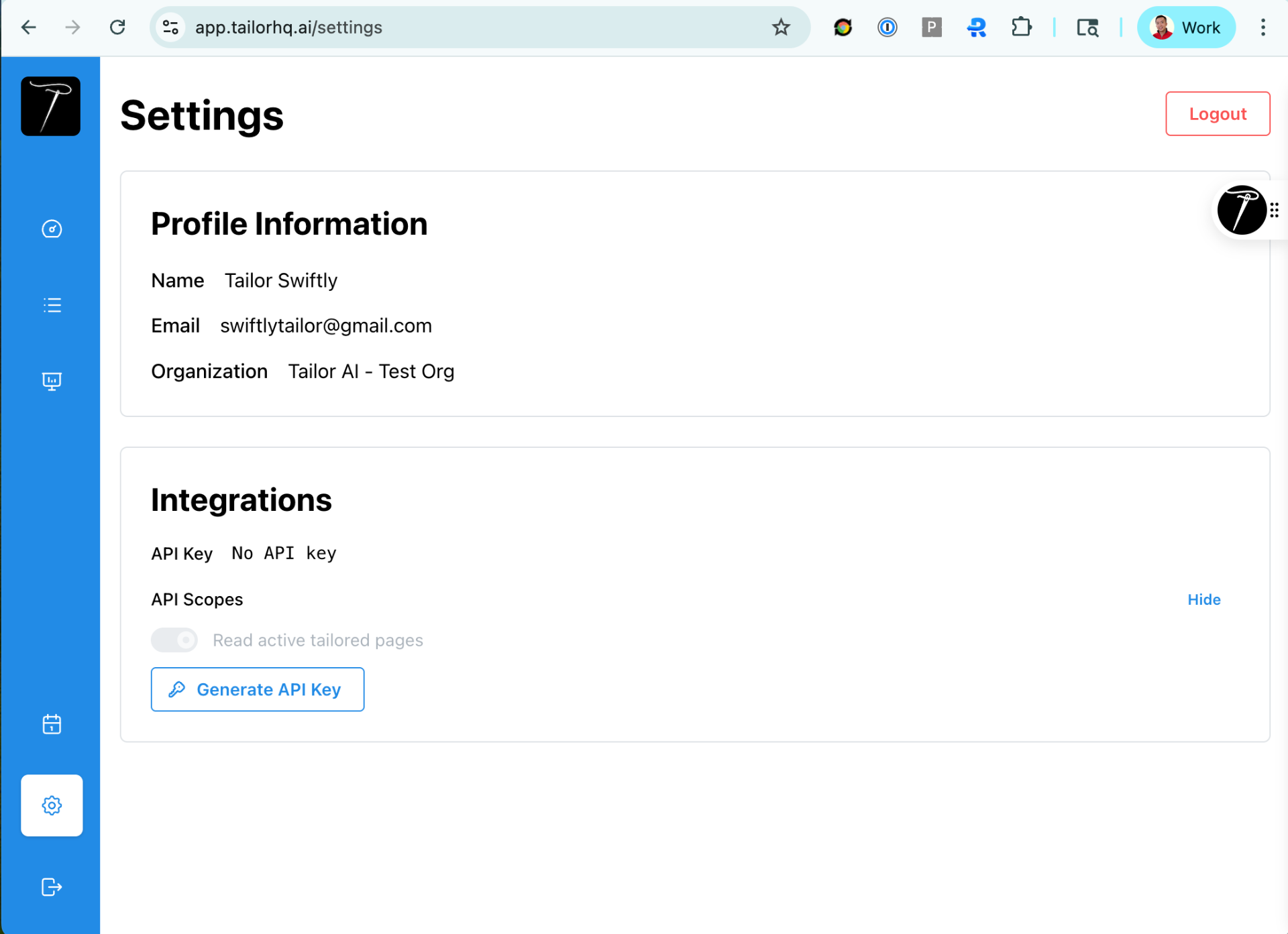 Tailor AI settings page showing Generate API Key button in Integrations section