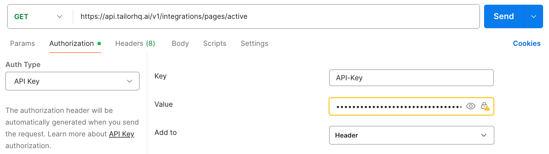 Postman showing API Key authorization setup with Tailor AI API endpoint