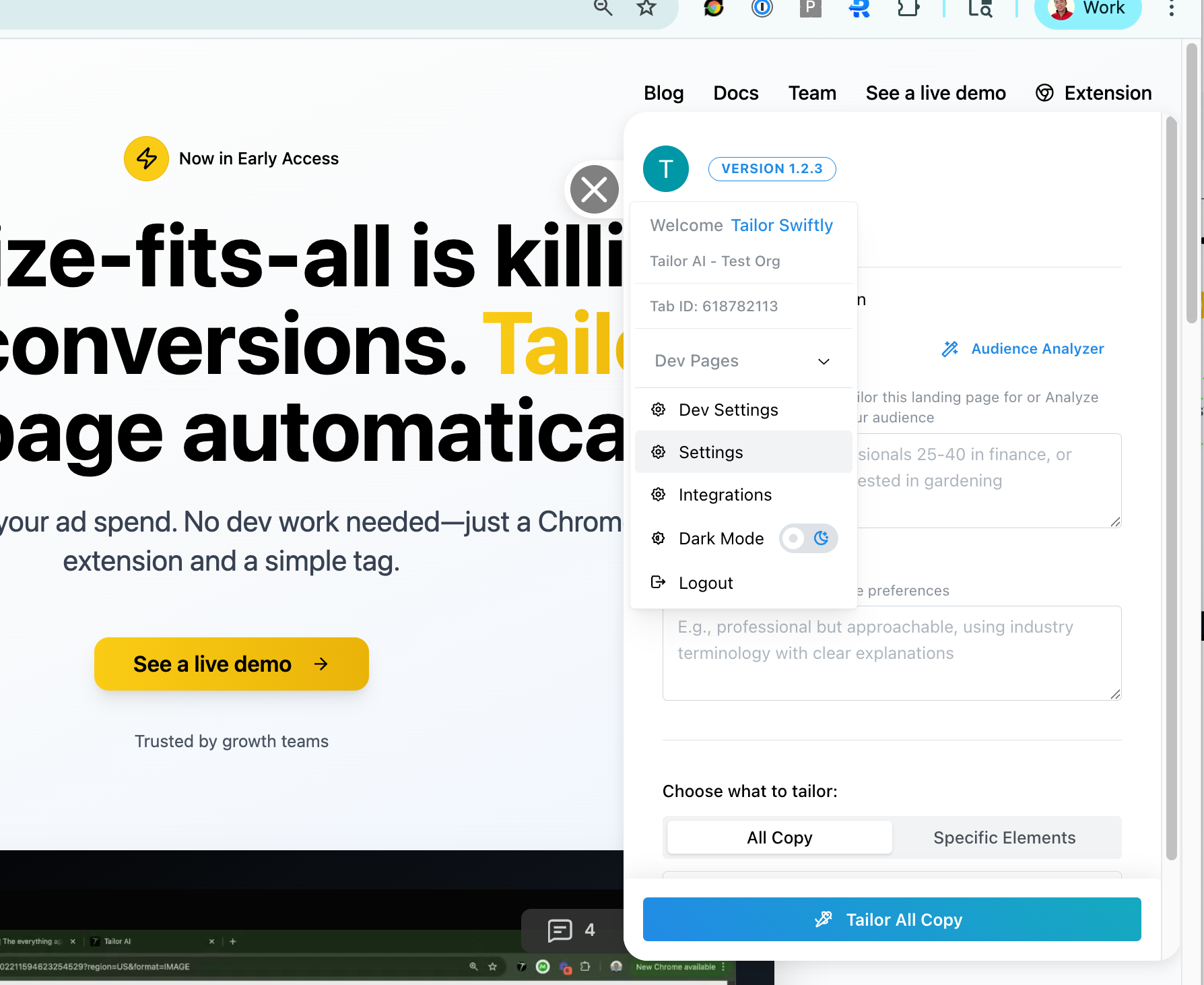 Tailor AI extension menu showing Settings and Integrations options