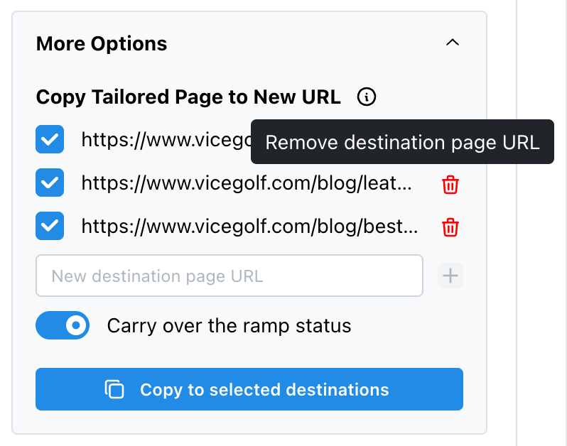 Tailor AI interface showing multiple destination URLs with checkboxes and delete buttons, including tooltip showing 'Remove destination page URL'