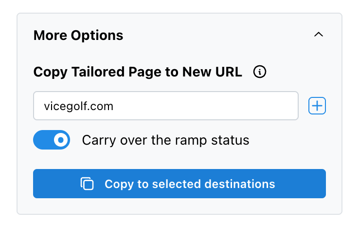 Tailor AI copy interface showing destination URL input field with vicegolf.com, carry over ramp status toggle, and copy to selected destinations button