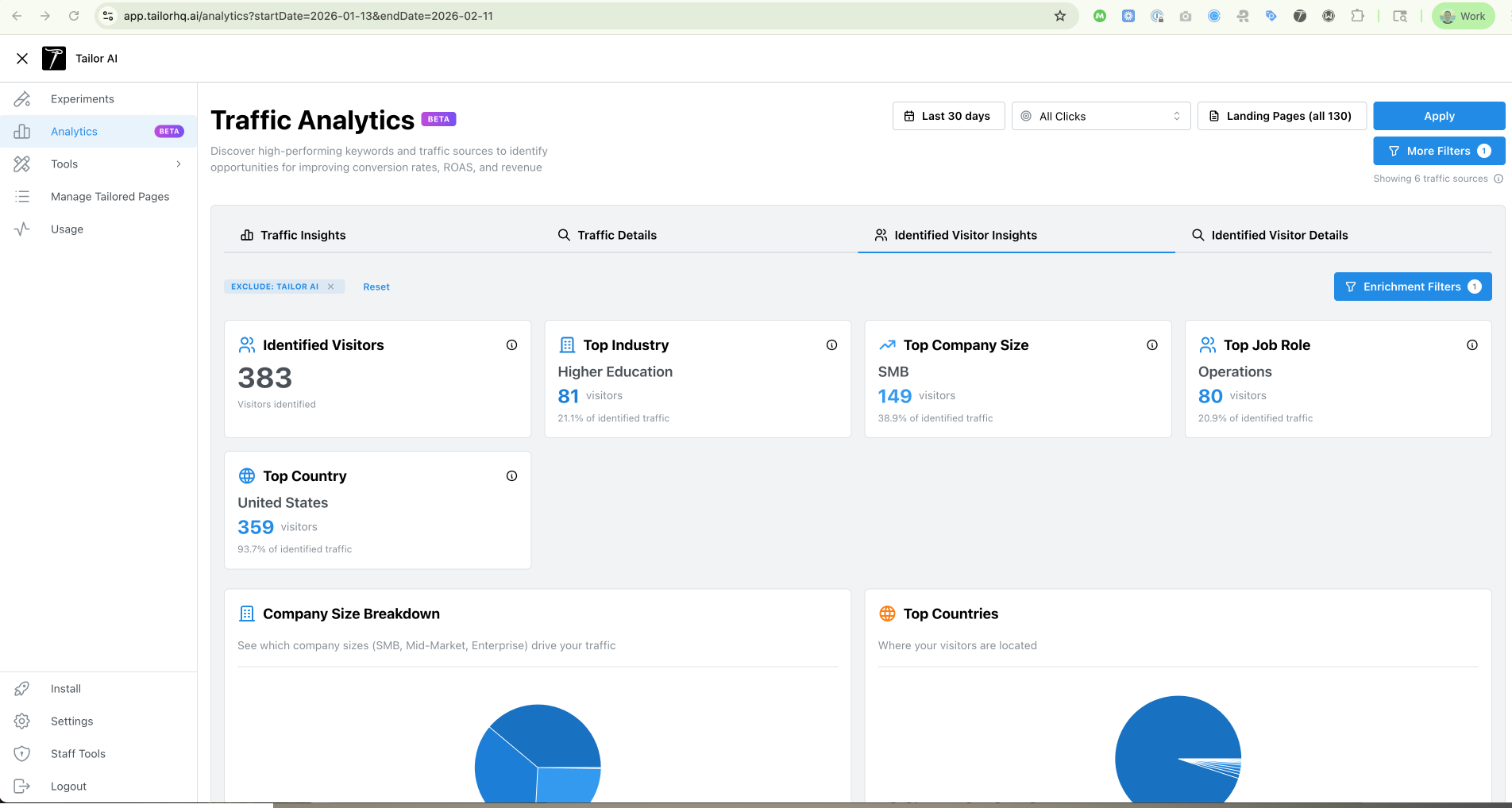 Tailor AI Identified Visitor Insights dashboard showing visitor counts, top industry, company size, job role, and country breakdowns with conversion performance