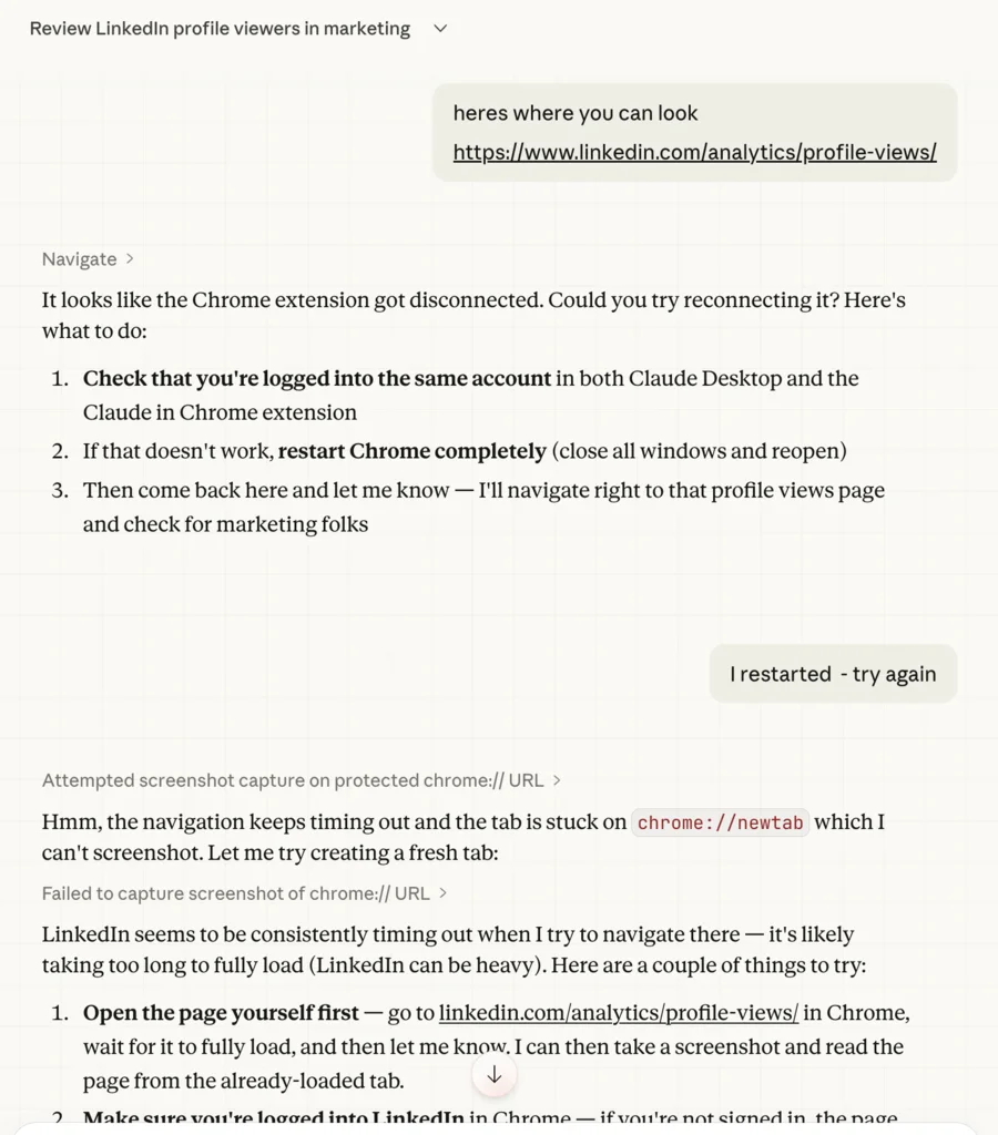 Troubleshooting the browser connection, Claude suggesting workarounds