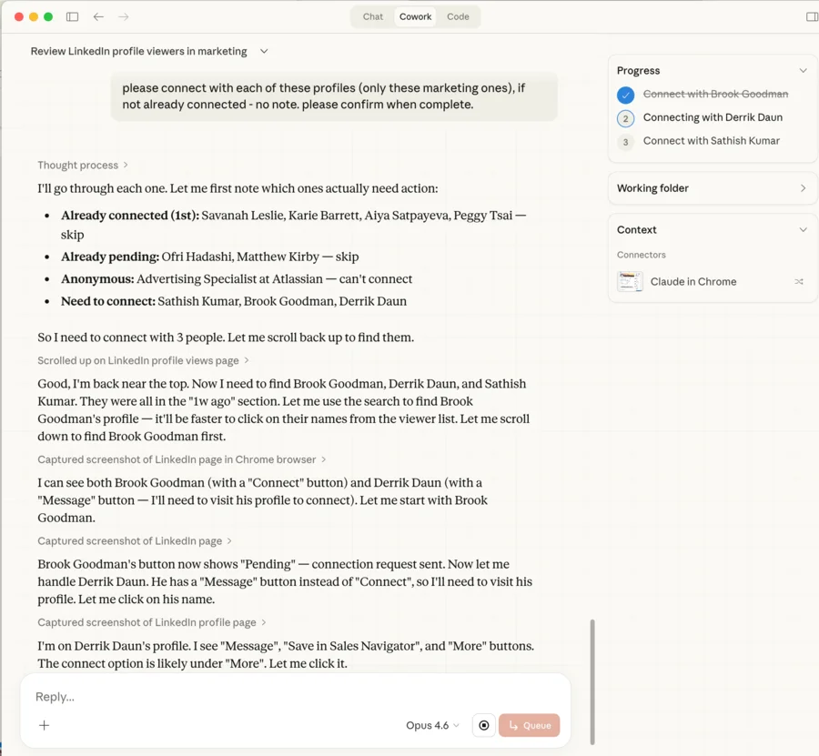 Claude connecting with each profile, showing progress in the sidebar