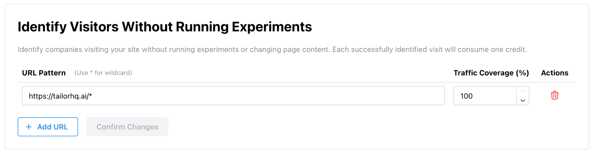 Tailor AI Settings: Visitor Identification section showing URL pattern input, traffic coverage percentage, and action controls